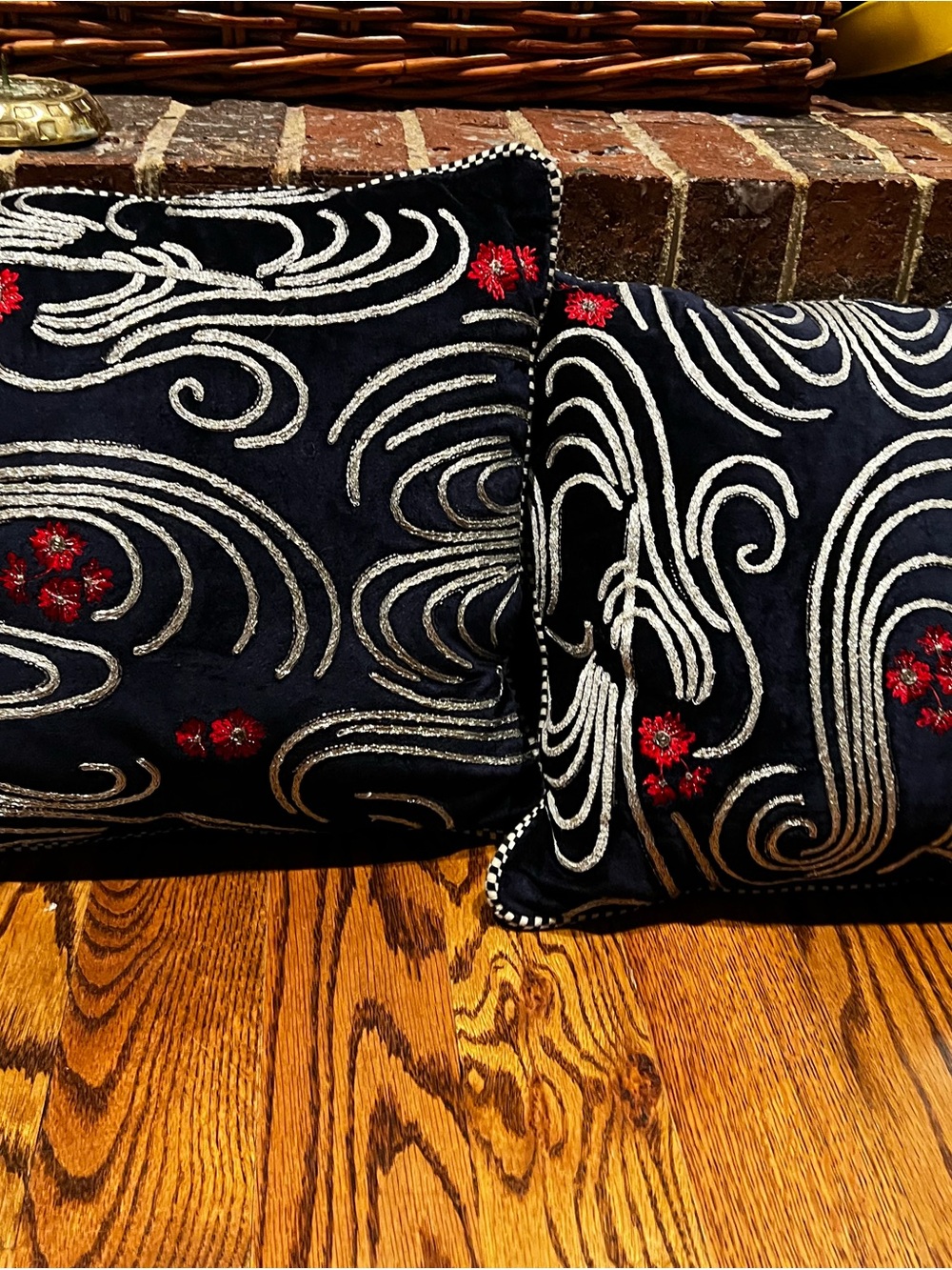 2- Mackenzie Childs 14" Square Bluetopia Katsura Navy Velvet Red Flowers Beaded